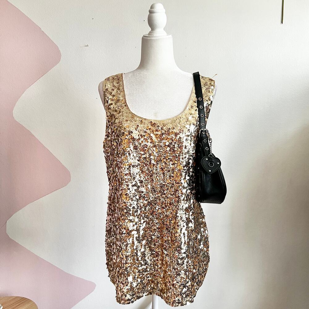 Gold Sequin Tank Top, Y2K, Clubwear, Indie Sleaze, Glam, 2000s, 3X